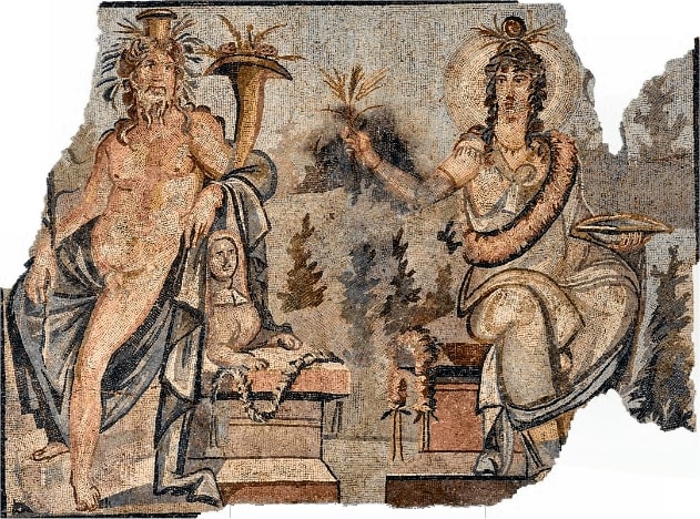 Roman mosaic depicting Isis and Serapis (3rd cent. CE)